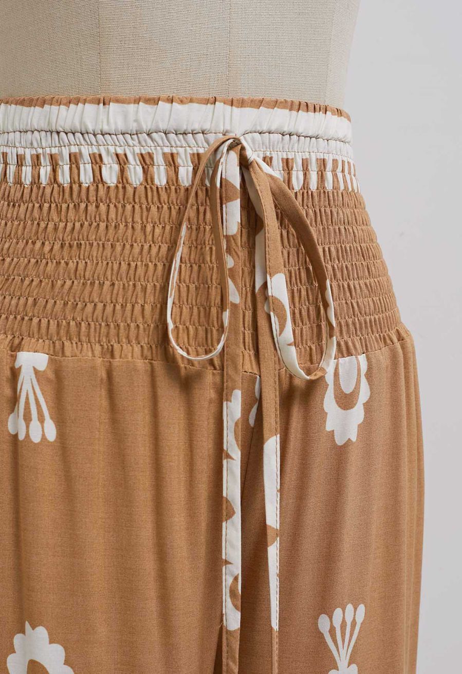 Tile Printed Shirred Waist Pants in Tan
