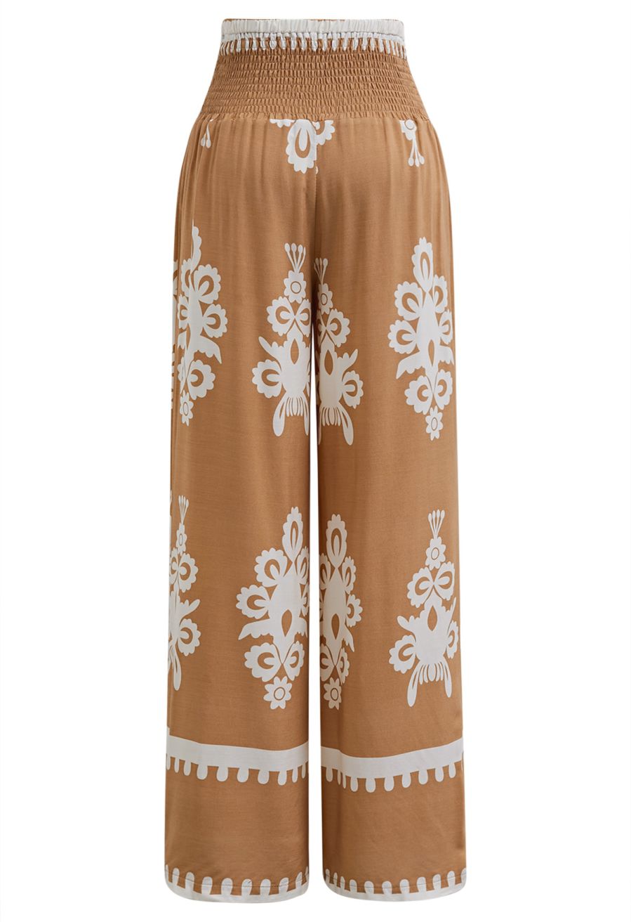 Tile Printed Shirred Waist Pants in Tan
