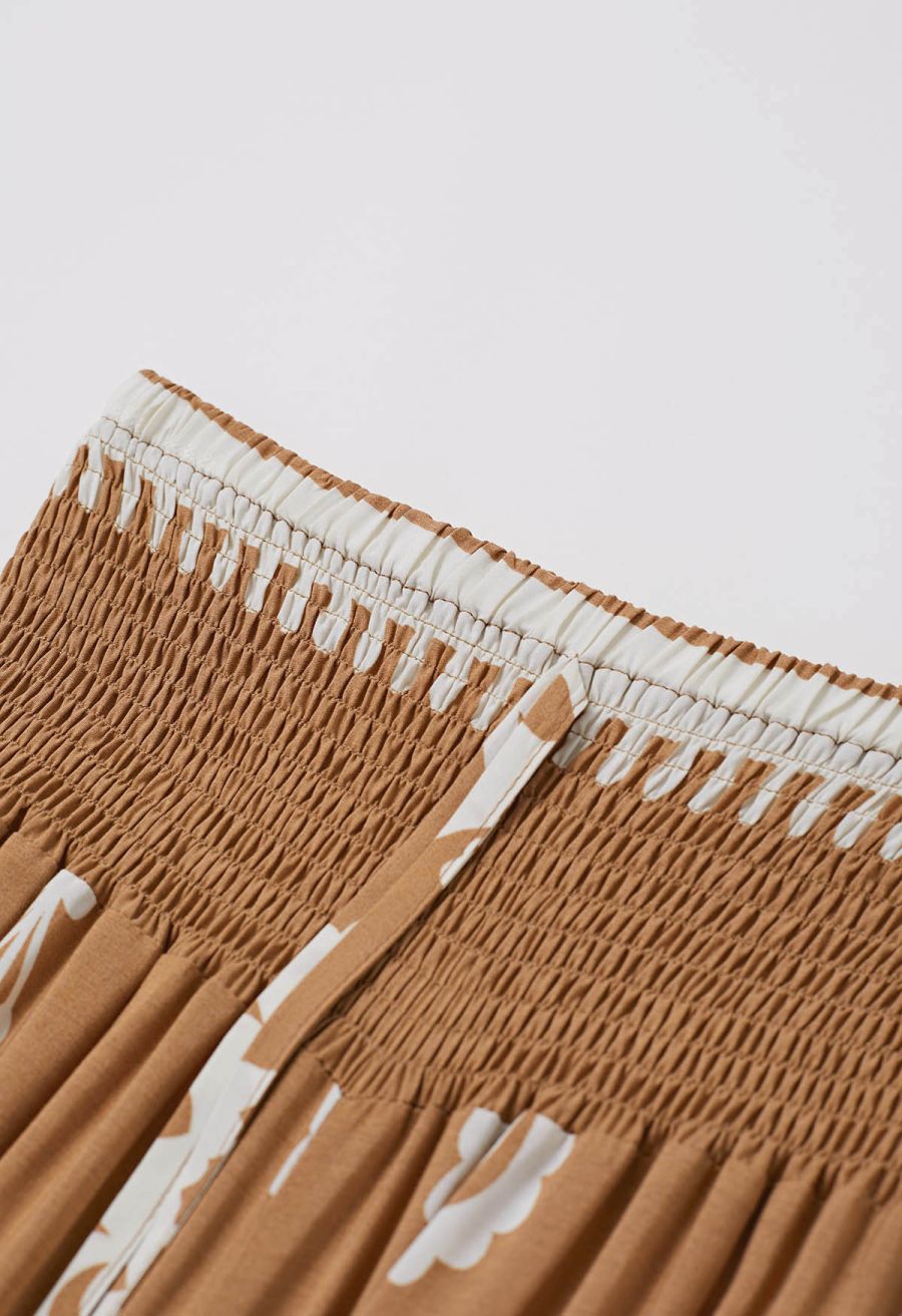 Tile Printed Shirred Waist Pants in Tan