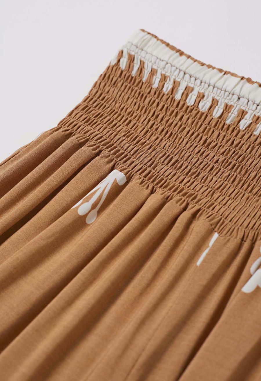 Tile Printed Shirred Waist Pants in Tan