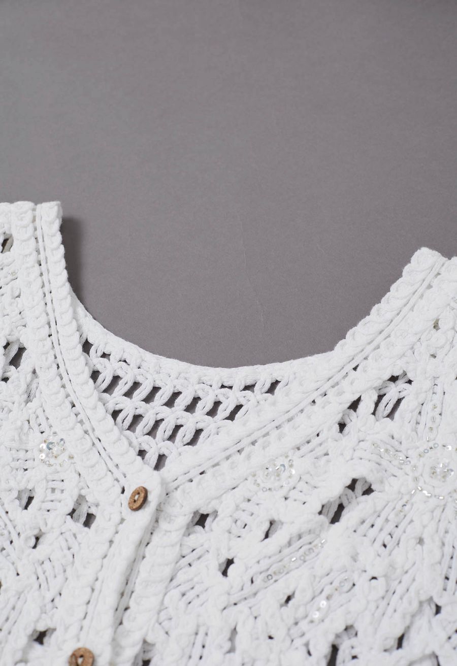 Sequined Floral Open-Knit Crochet Sleeveless Top in White
