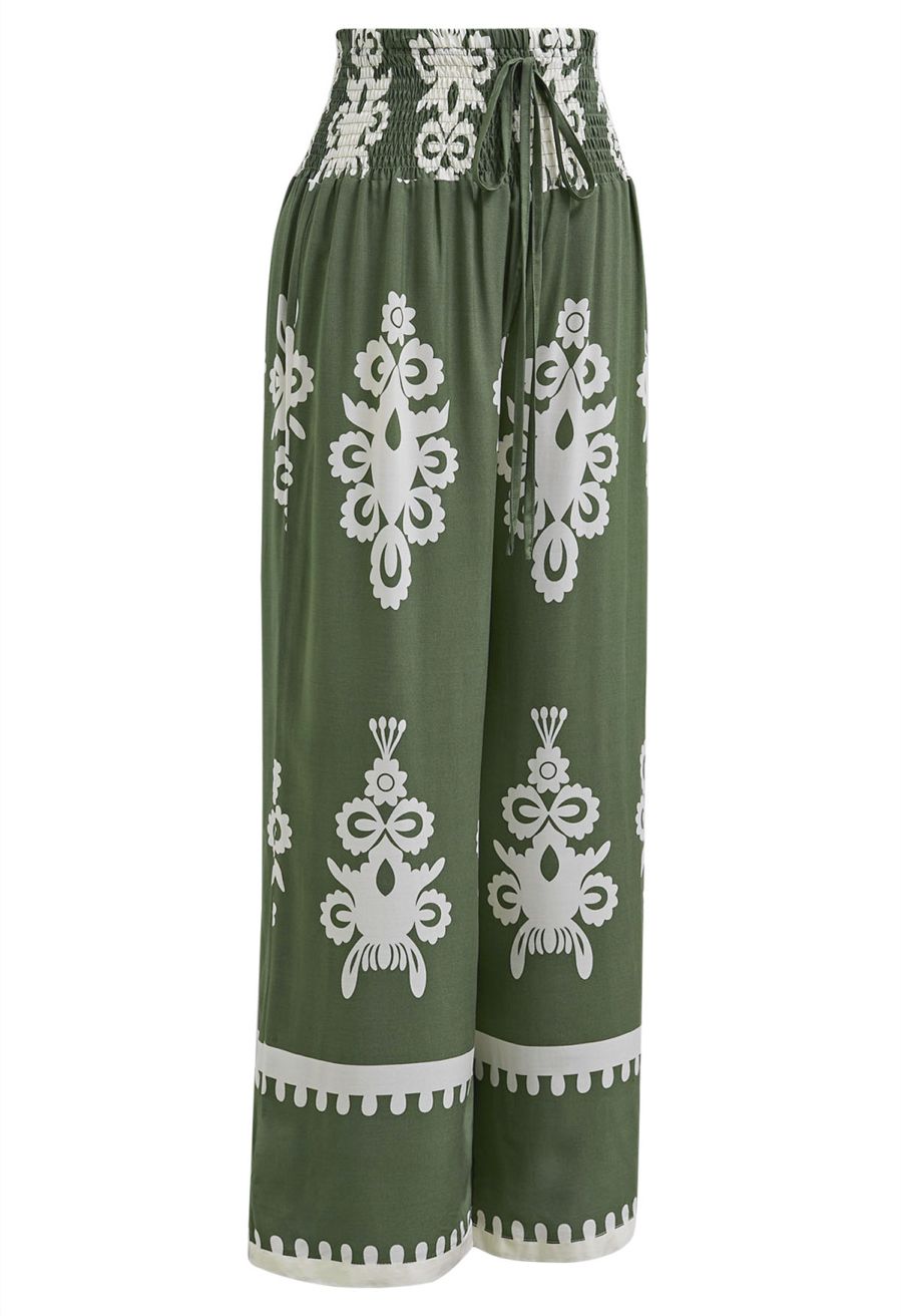 Tile Printed Shirred Waist Pants in Green