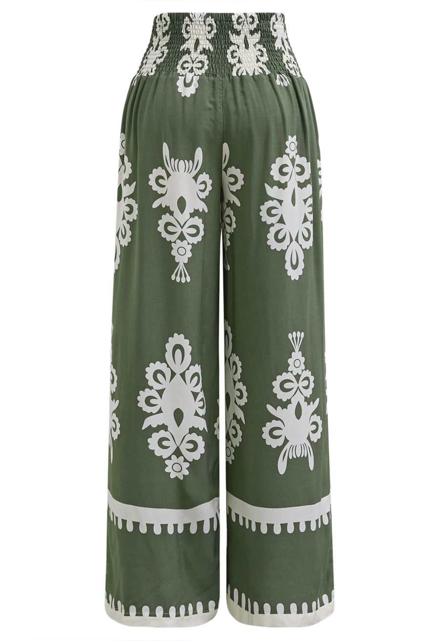 Tile Printed Shirred Waist Pants in Green