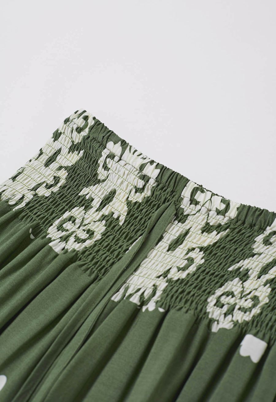 Tile Printed Shirred Waist Pants in Green