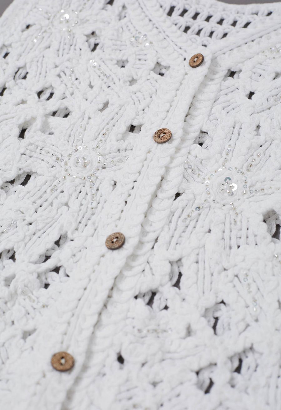 Sequined Floral Open-Knit Crochet Sleeveless Top in White