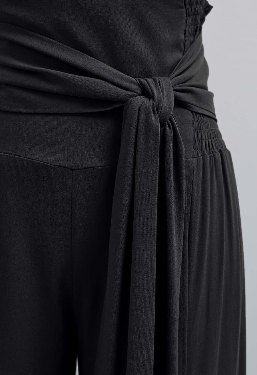 Knotted Shirred Waist Wide-Leg Pants in Black