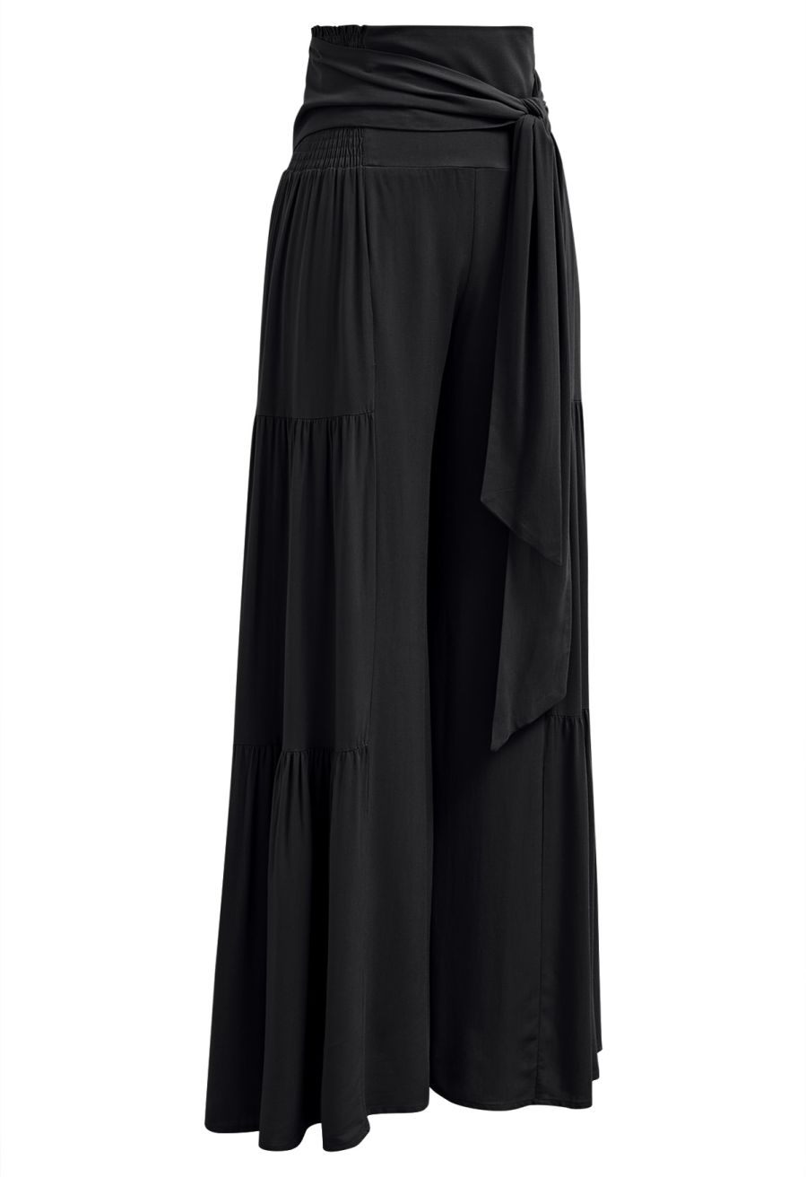 Knotted Shirred Waist Wide-Leg Pants in Black
