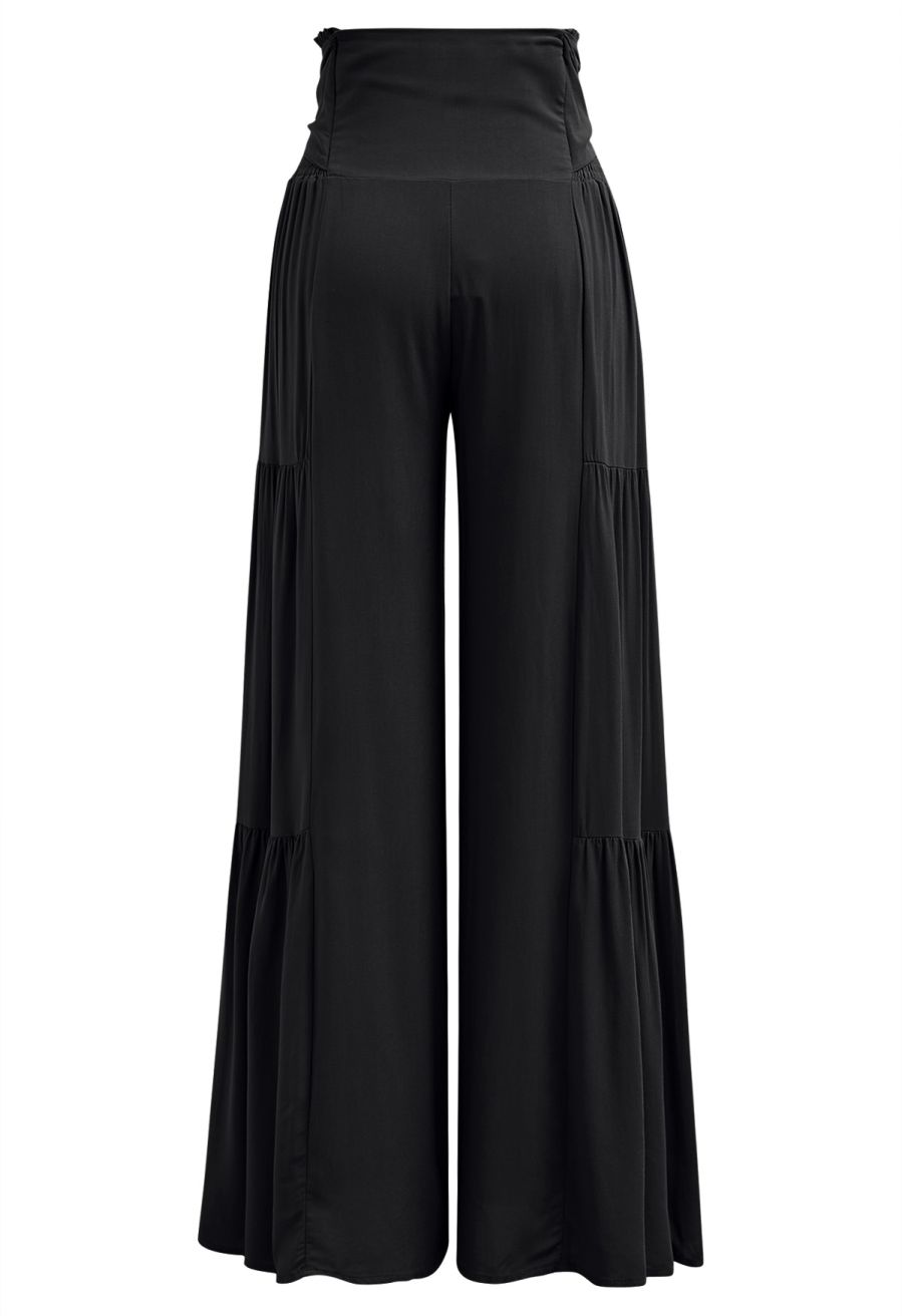 Knotted Shirred Waist Wide-Leg Pants in Black