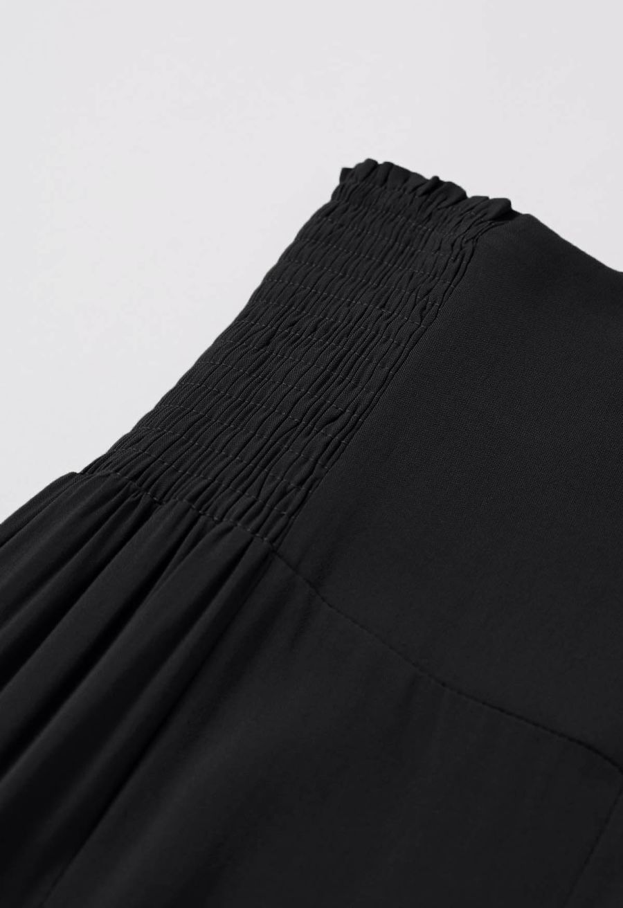 Knotted Shirred Waist Wide-Leg Pants in Black