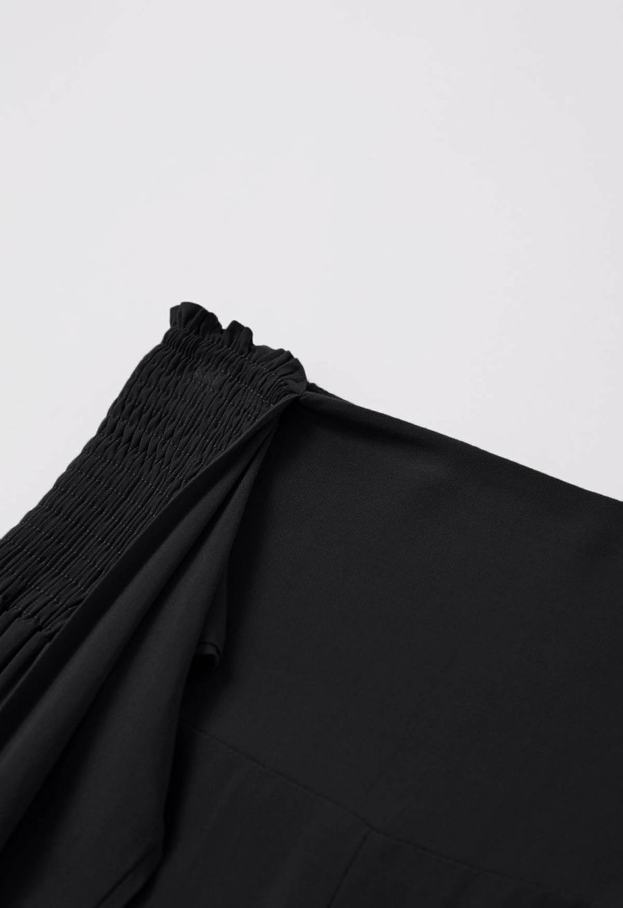 Knotted Shirred Waist Wide-Leg Pants in Black
