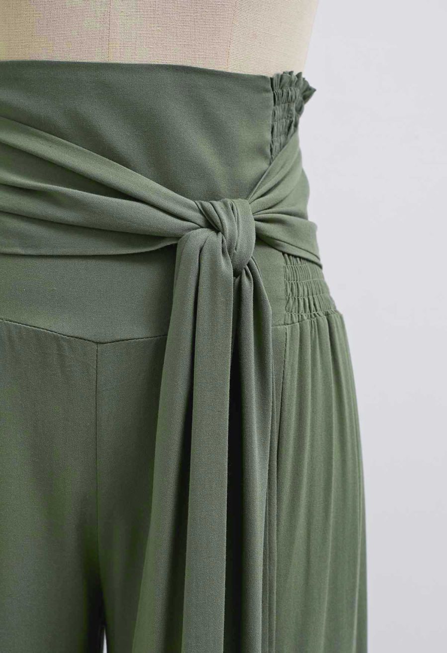Knotted Shirred Waist Wide-Leg Pants in Green