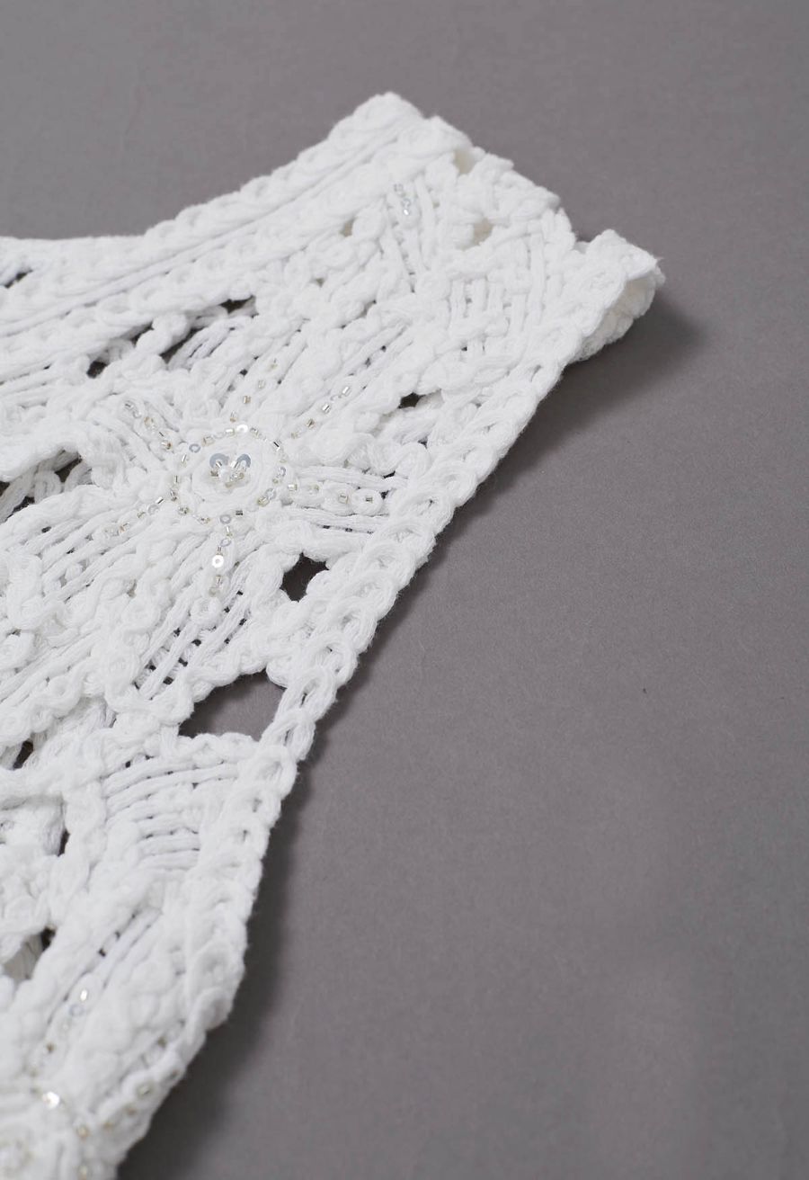 Sequined Floral Open-Knit Crochet Sleeveless Top in White