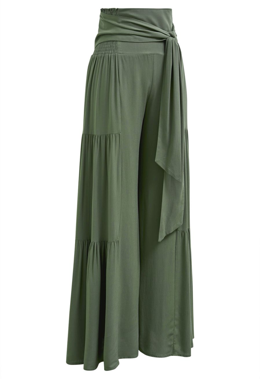 Knotted Shirred Waist Wide-Leg Pants in Green