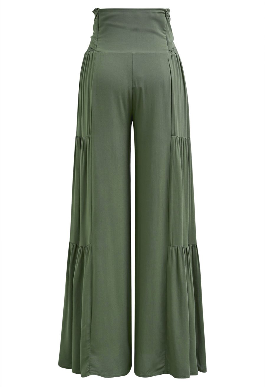 Knotted Shirred Waist Wide-Leg Pants in Green