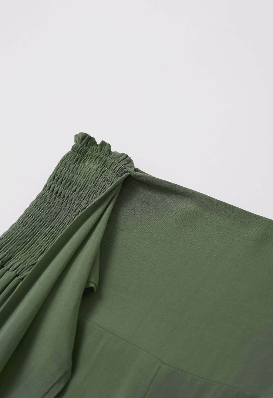 Knotted Shirred Waist Wide-Leg Pants in Green