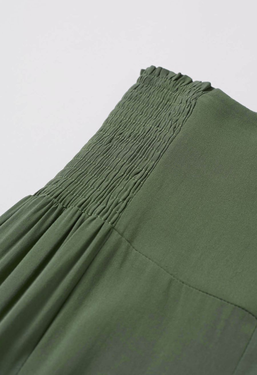 Knotted Shirred Waist Wide-Leg Pants in Green