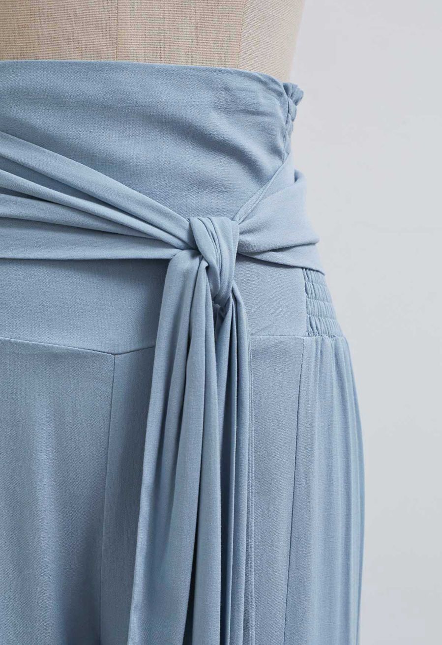 Knotted Shirred Waist Wide-Leg Pants in Light Blue