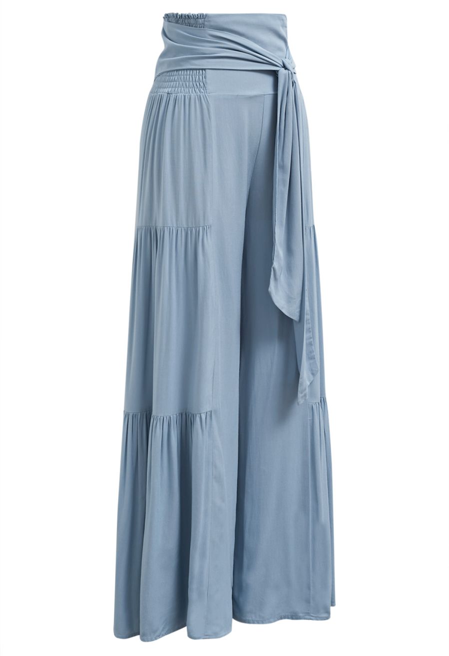Knotted Shirred Waist Wide-Leg Pants in Light Blue