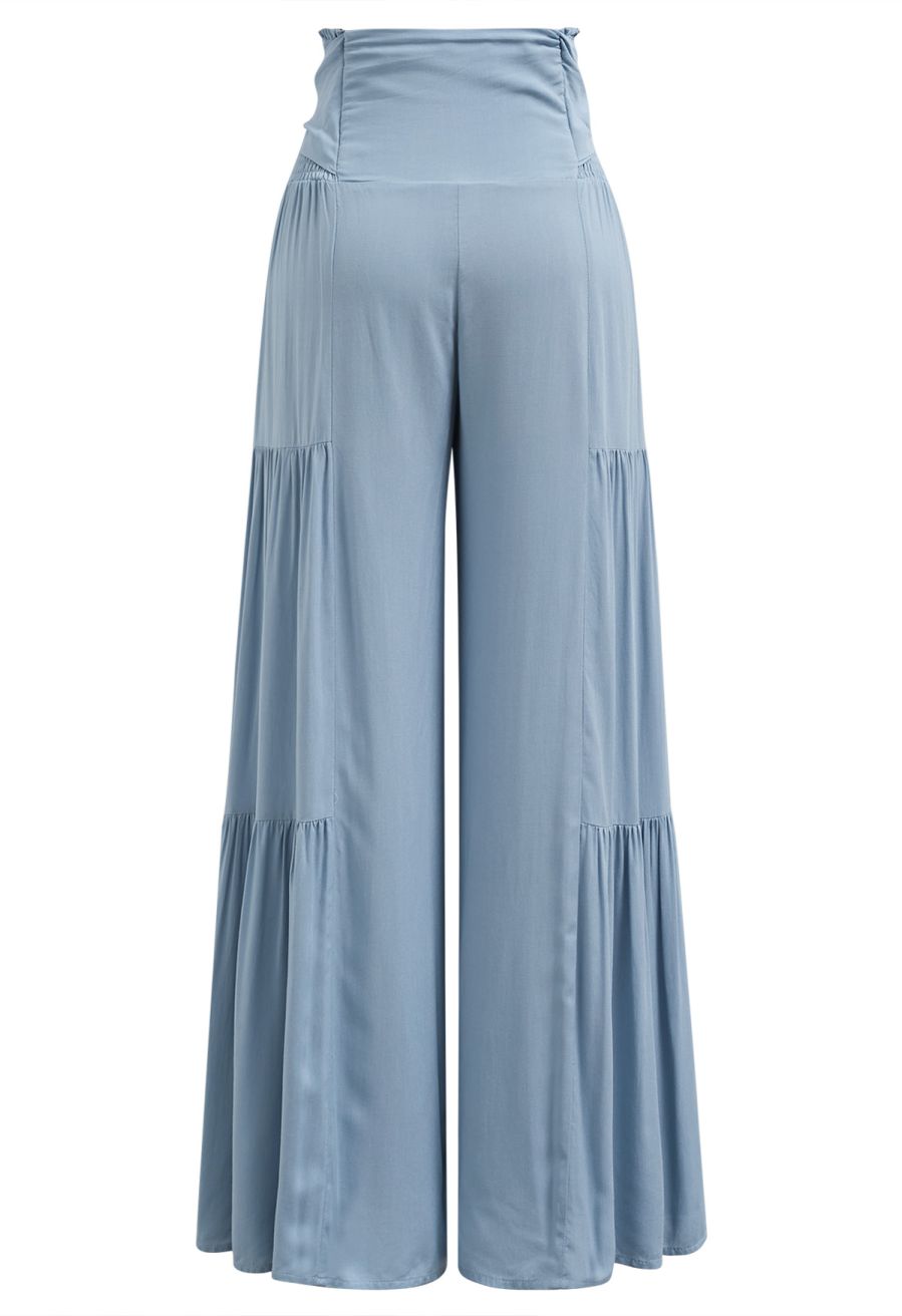 Knotted Shirred Waist Wide-Leg Pants in Light Blue
