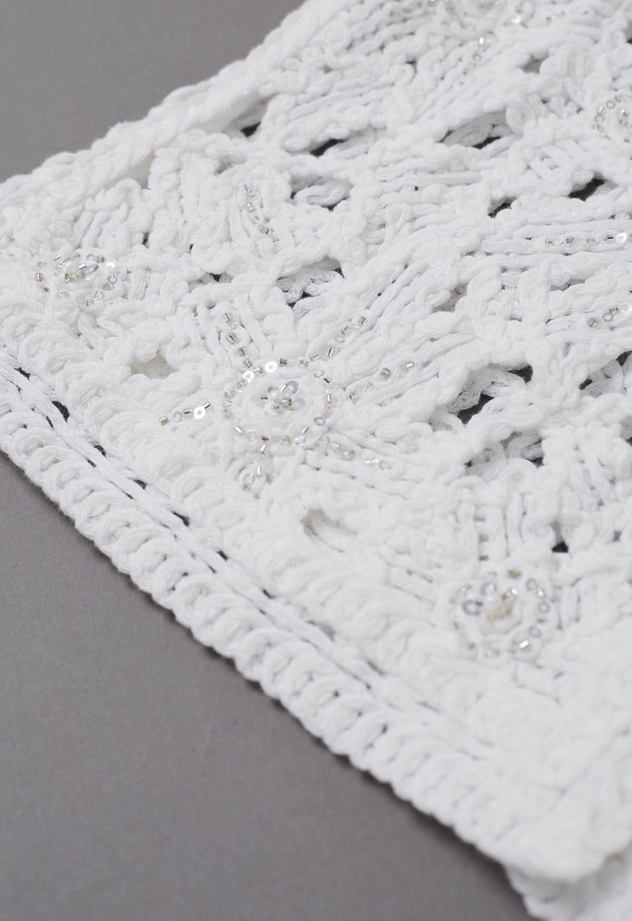 Sequined Floral Open-Knit Crochet Sleeveless Top in White