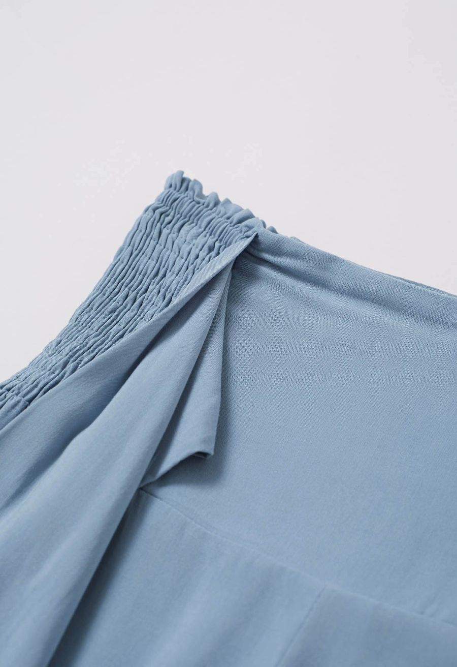 Knotted Shirred Waist Wide-Leg Pants in Light Blue