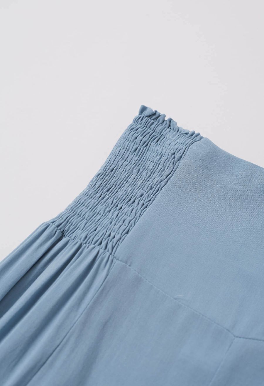 Knotted Shirred Waist Wide-Leg Pants in Light Blue