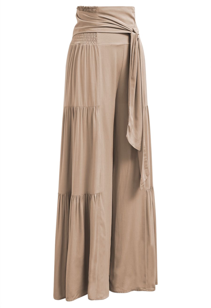 Knotted Shirred Waist Wide-Leg Pants in Light Tan