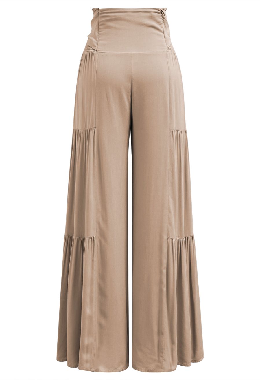 Knotted Shirred Waist Wide-Leg Pants in Light Tan