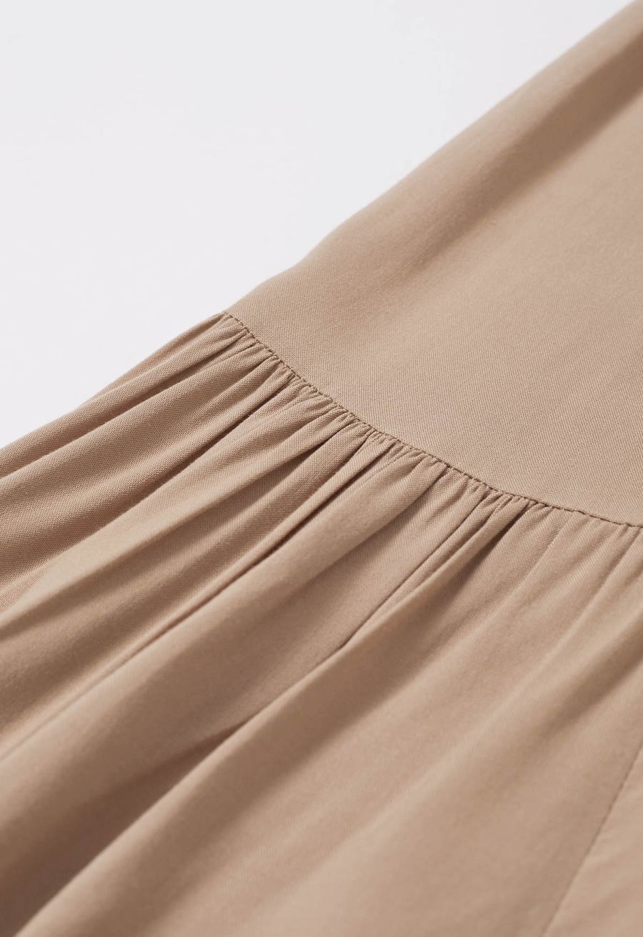 Knotted Shirred Waist Wide-Leg Pants in Light Tan