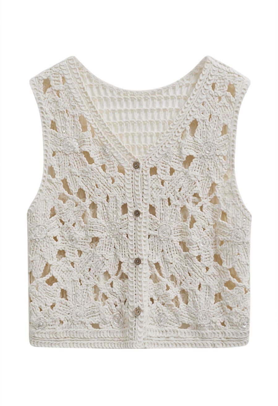 Sequined Floral Open-Knit Crochet Sleeveless Top in Sand