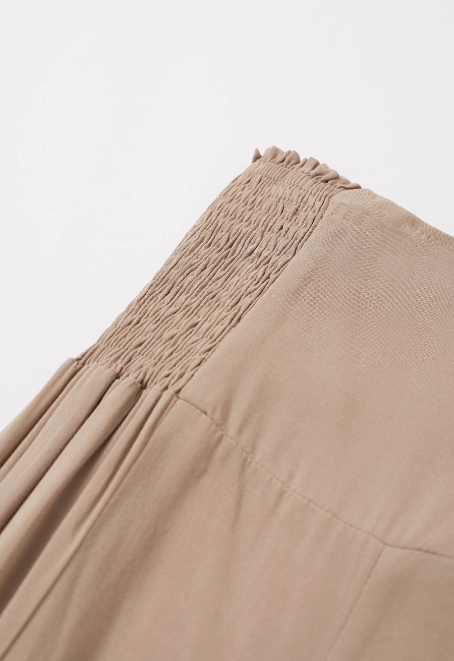 Knotted Shirred Waist Wide-Leg Pants in Light Tan