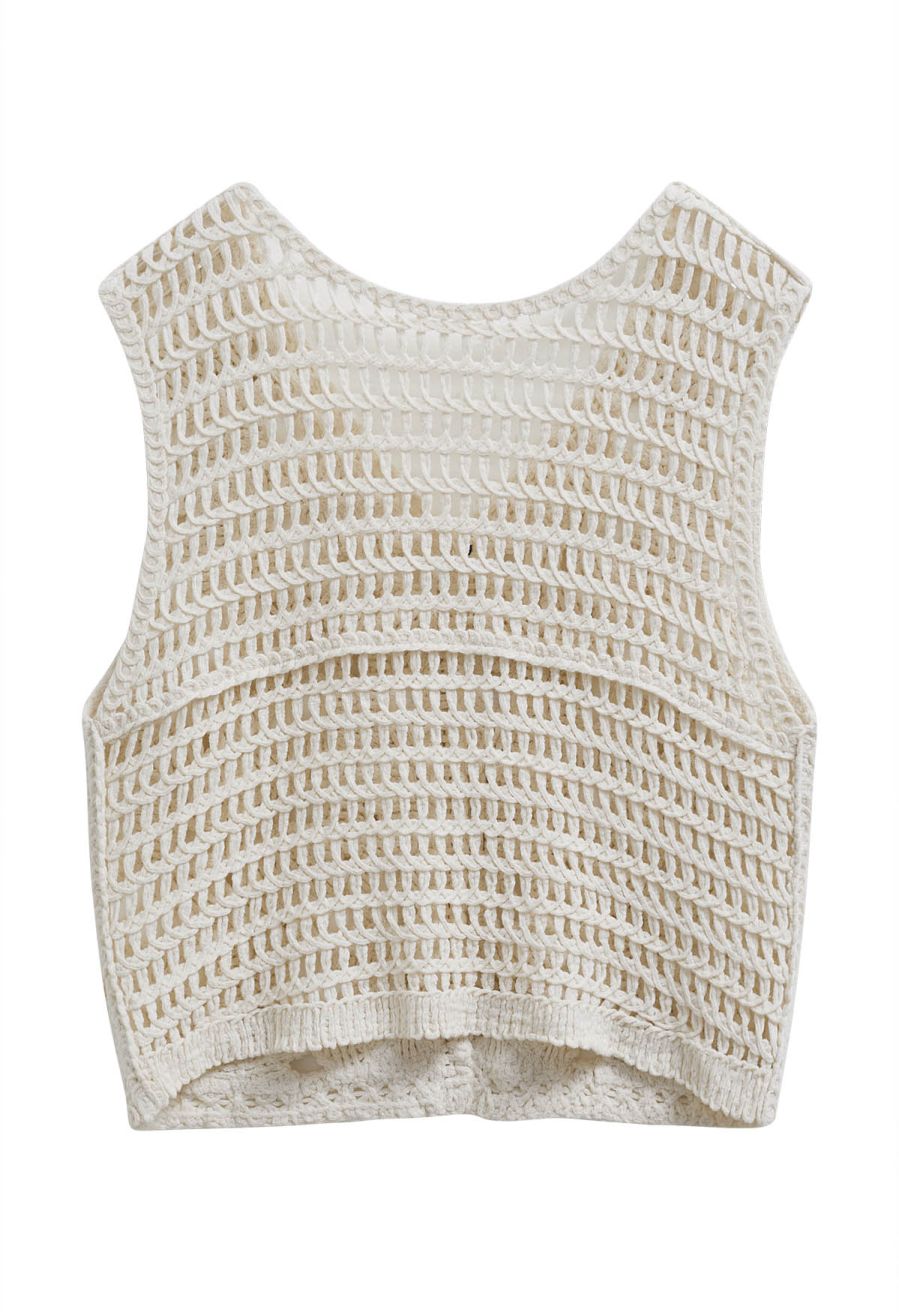 Sequined Floral Open-Knit Crochet Sleeveless Top in Sand