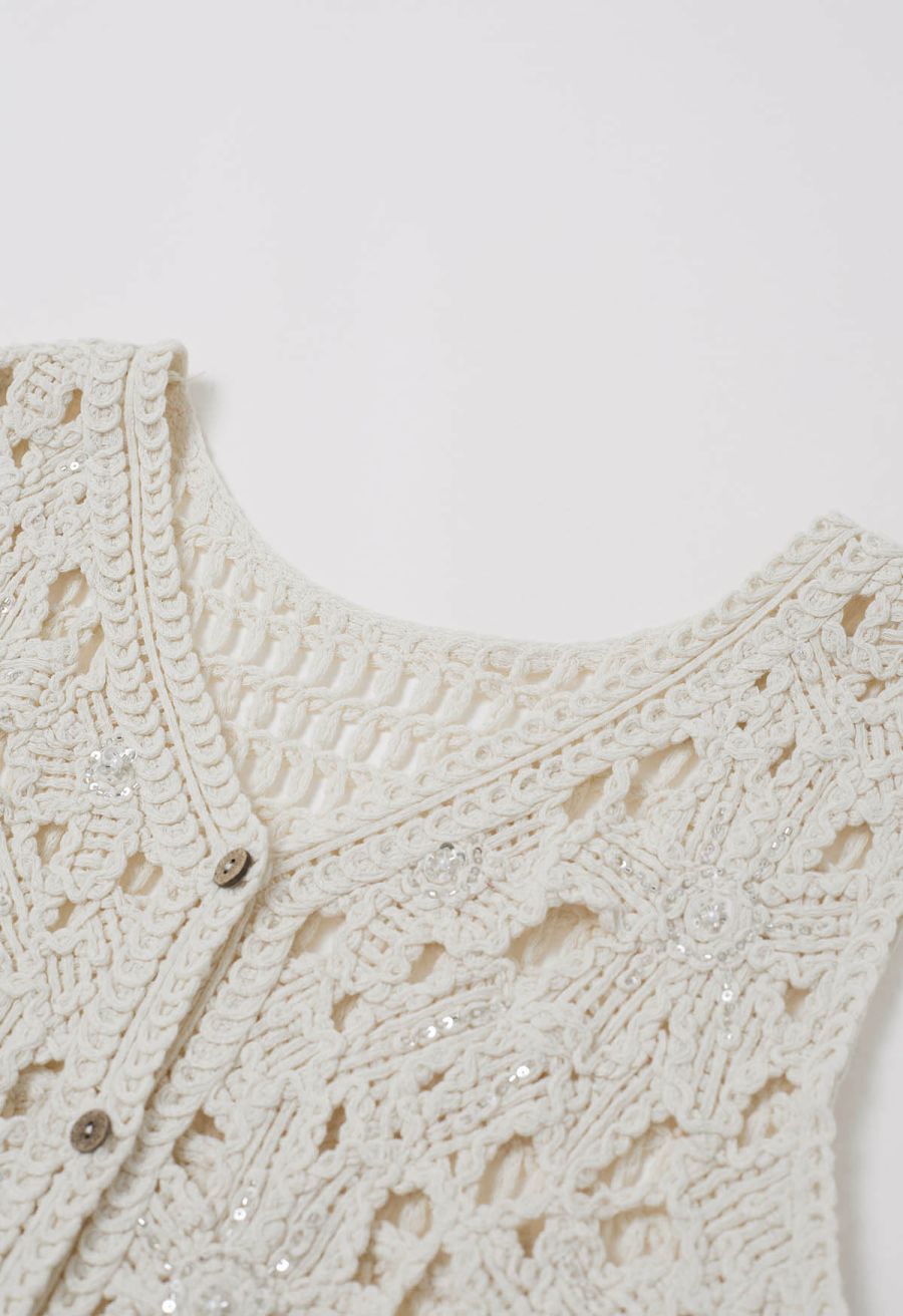 Sequined Floral Open-Knit Crochet Sleeveless Top in Sand