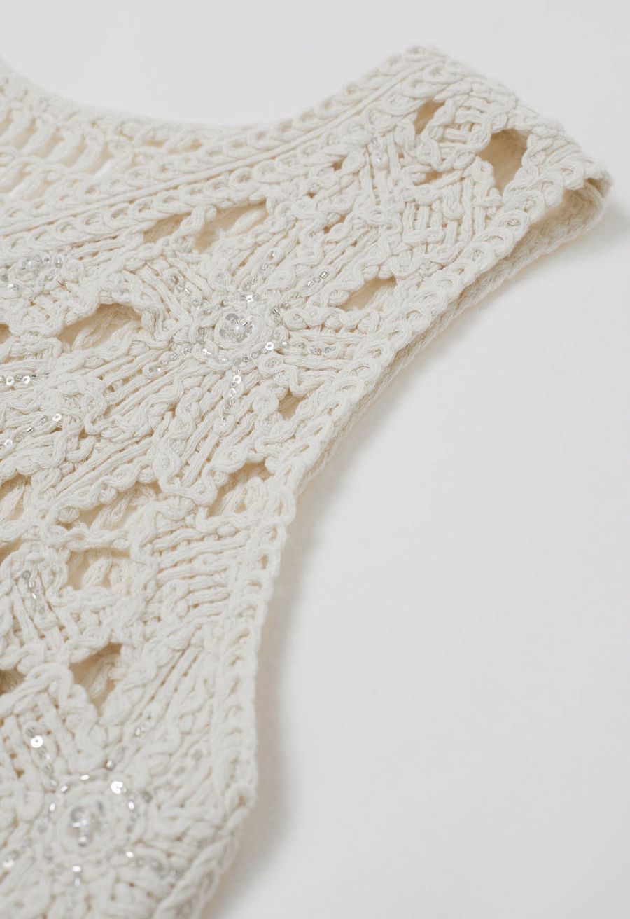 Sequined Floral Open-Knit Crochet Sleeveless Top in Sand