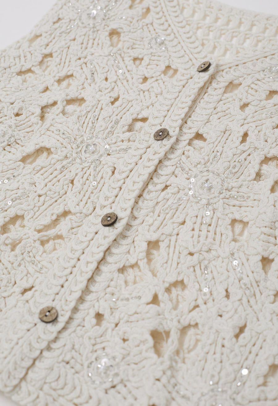 Sequined Floral Open-Knit Crochet Sleeveless Top in Sand