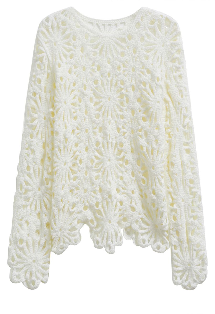 Floral Cutwork Crochet Long-Sleeve Asymmetric Top