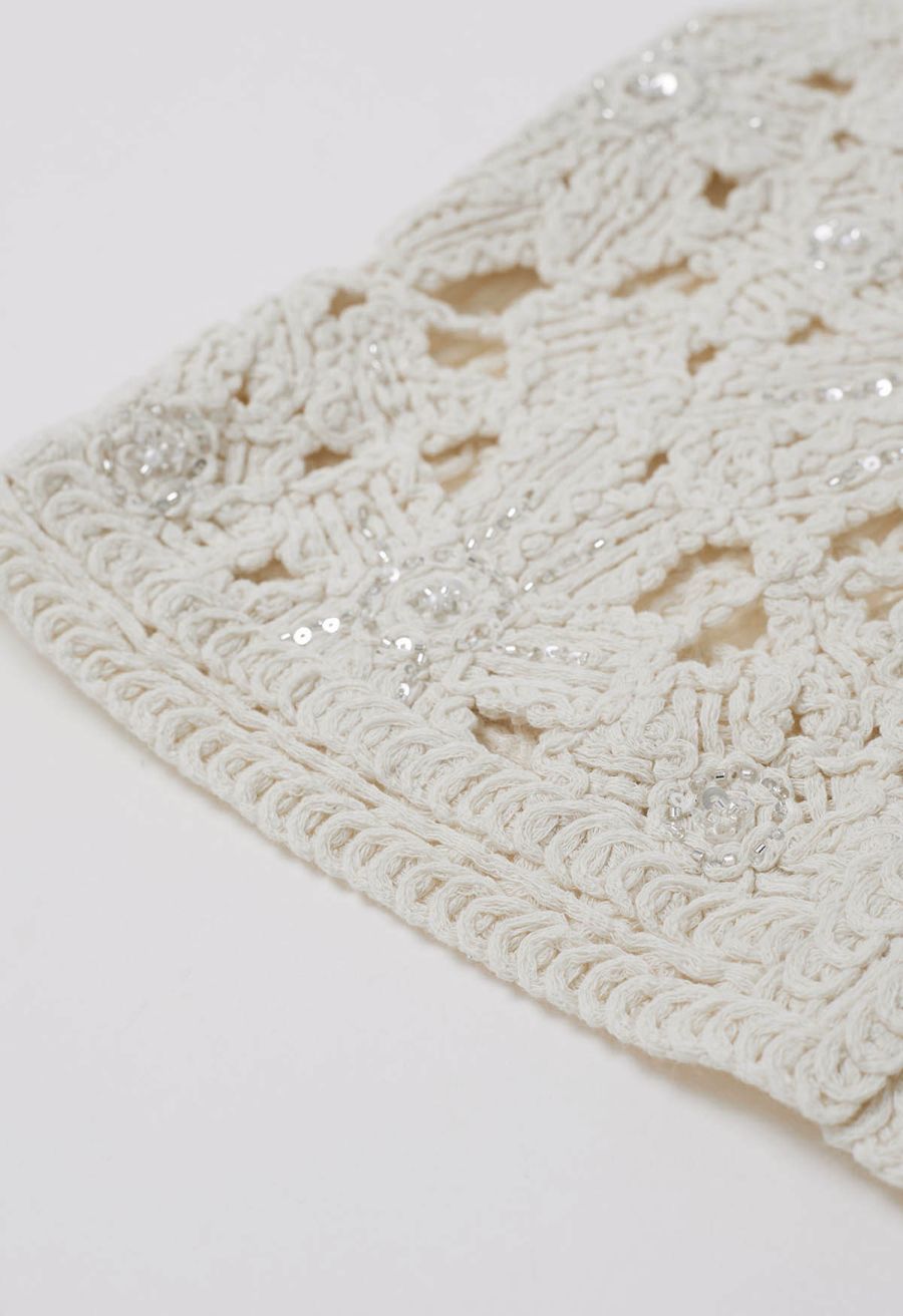 Sequined Floral Open-Knit Crochet Sleeveless Top in Sand