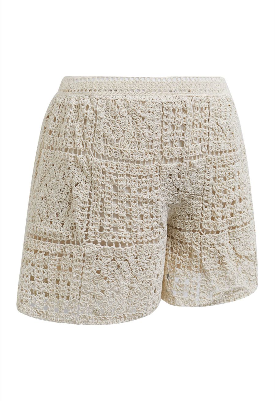 Elastic Waist Open-Knit Crochet Shorts