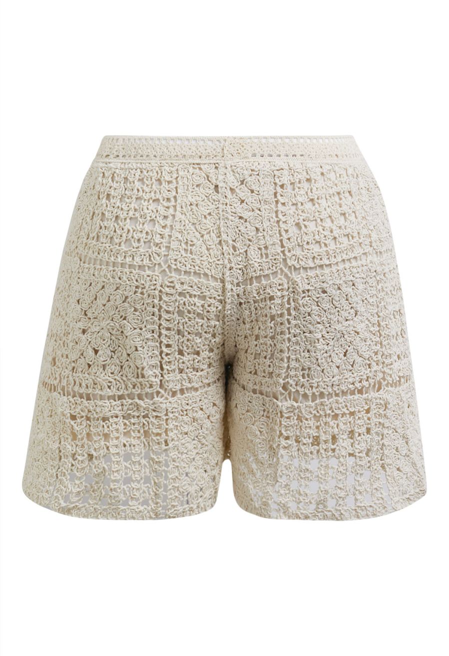 Elastic Waist Open-Knit Crochet Shorts