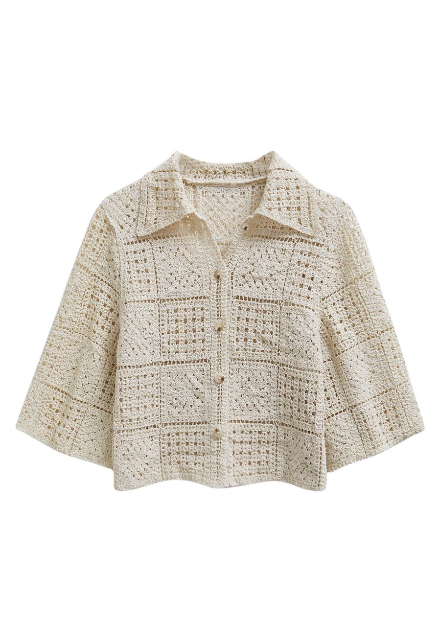 Collared Open-Knit Crochet Elbow Sleeve Top