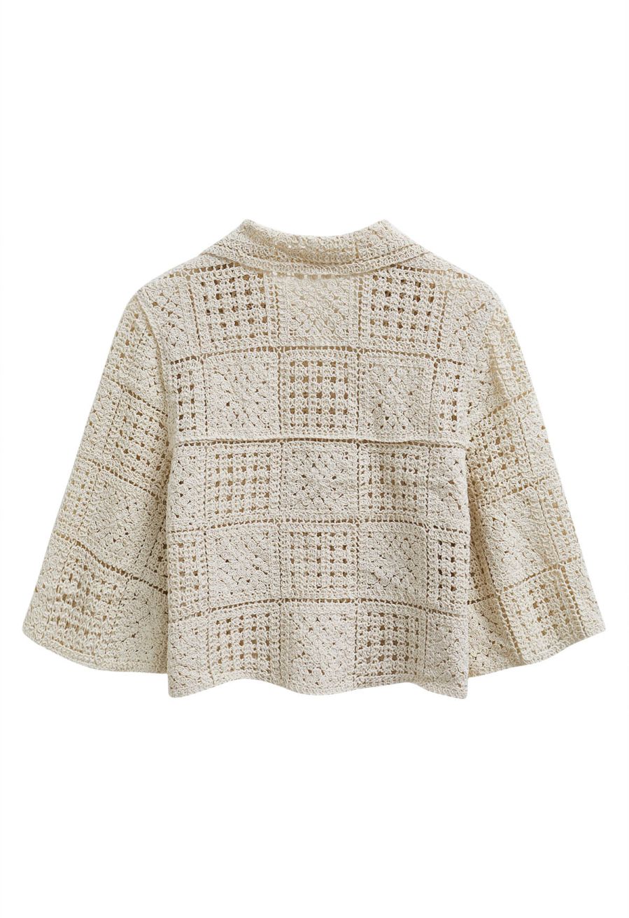 Collared Open-Knit Crochet Elbow Sleeve Top