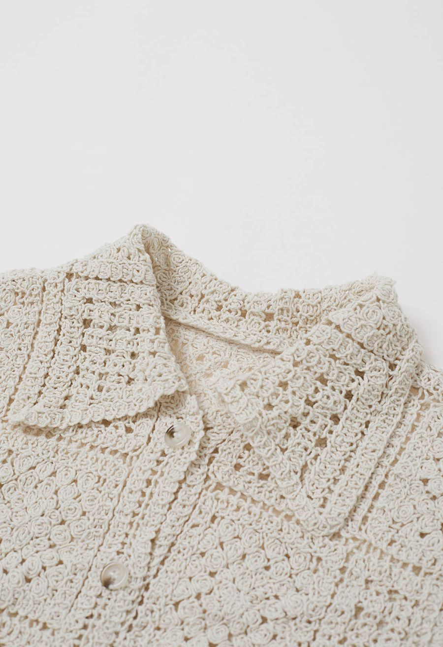 Collared Open-Knit Crochet Elbow Sleeve Top
