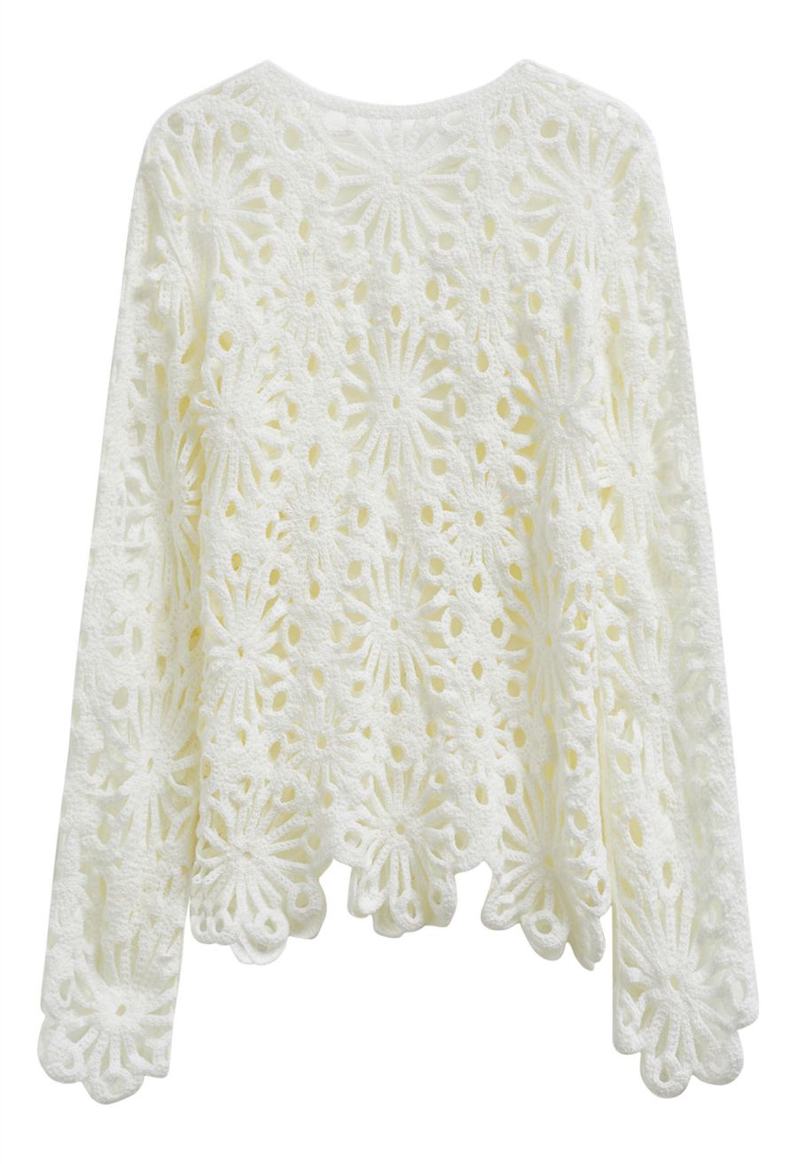 Floral Cutwork Crochet Long-Sleeve Asymmetric Top