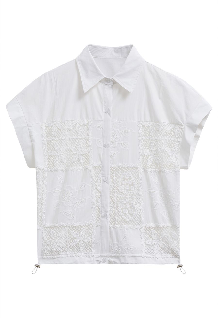 Crochet Patchwork Spliced Rose Embroidery Shirt in White