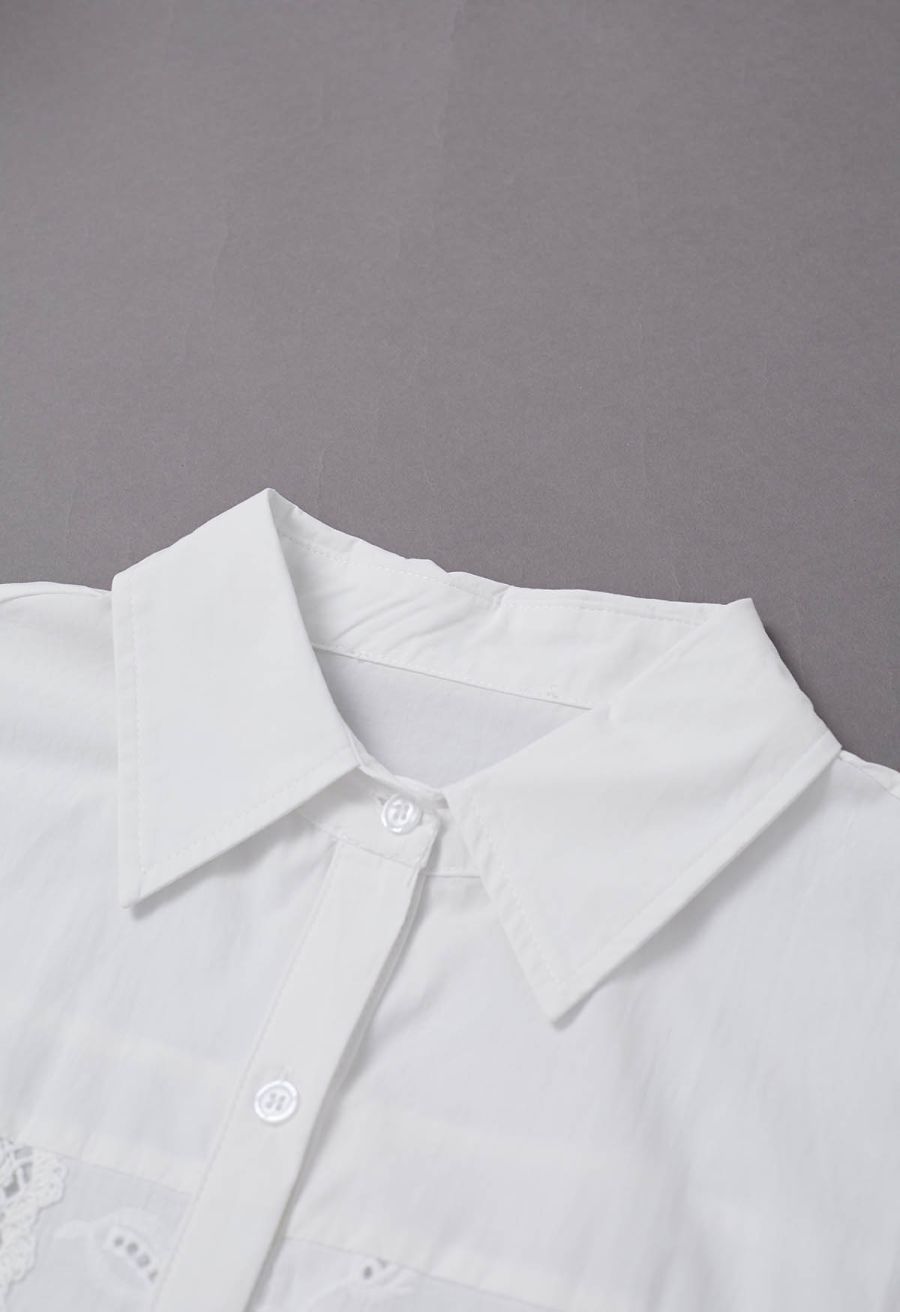 Crochet Patchwork Spliced Rose Embroidery Shirt in White