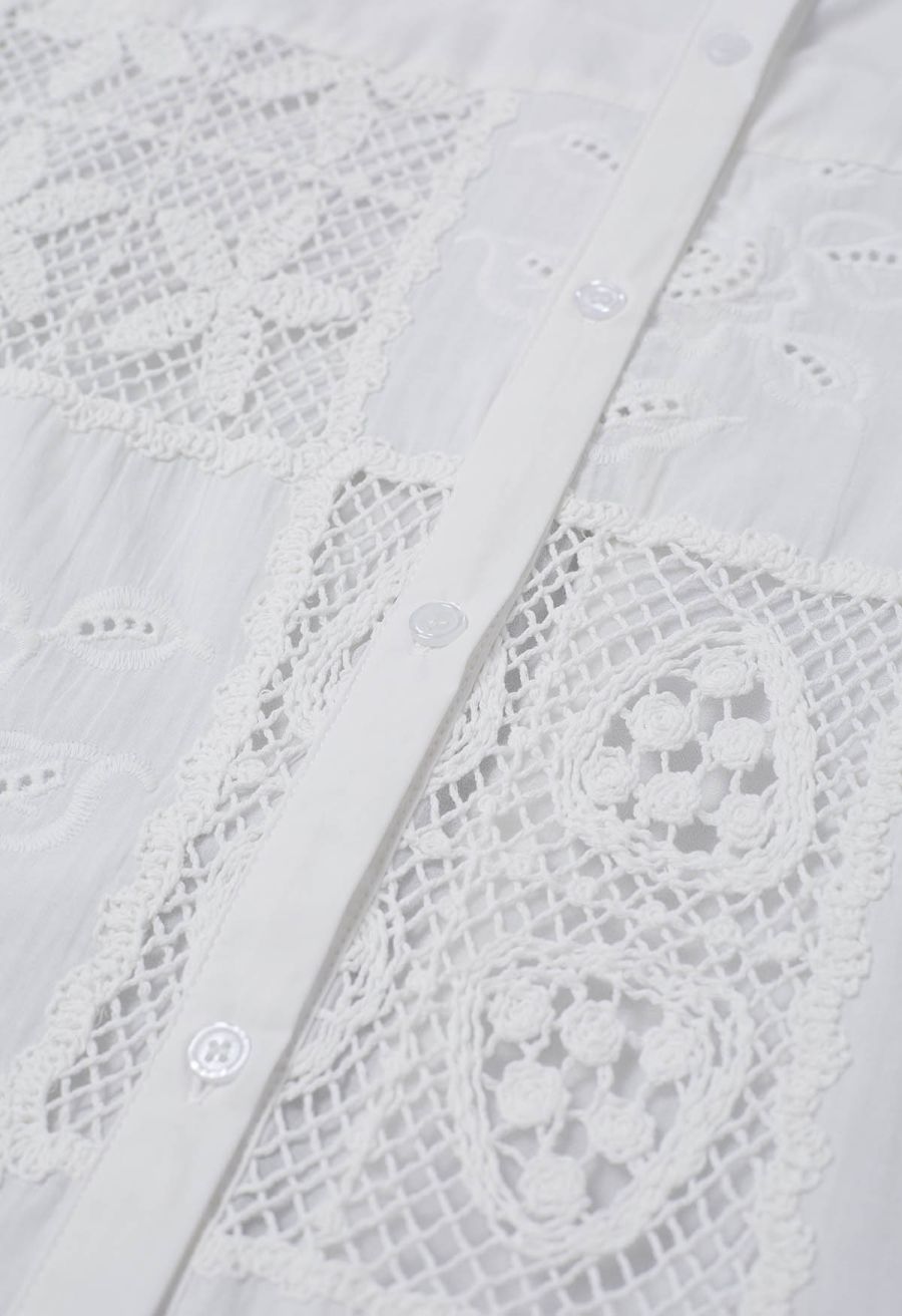 Crochet Patchwork Spliced Rose Embroidery Shirt in White