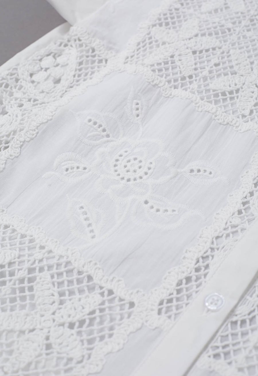 Crochet Patchwork Spliced Rose Embroidery Shirt in White