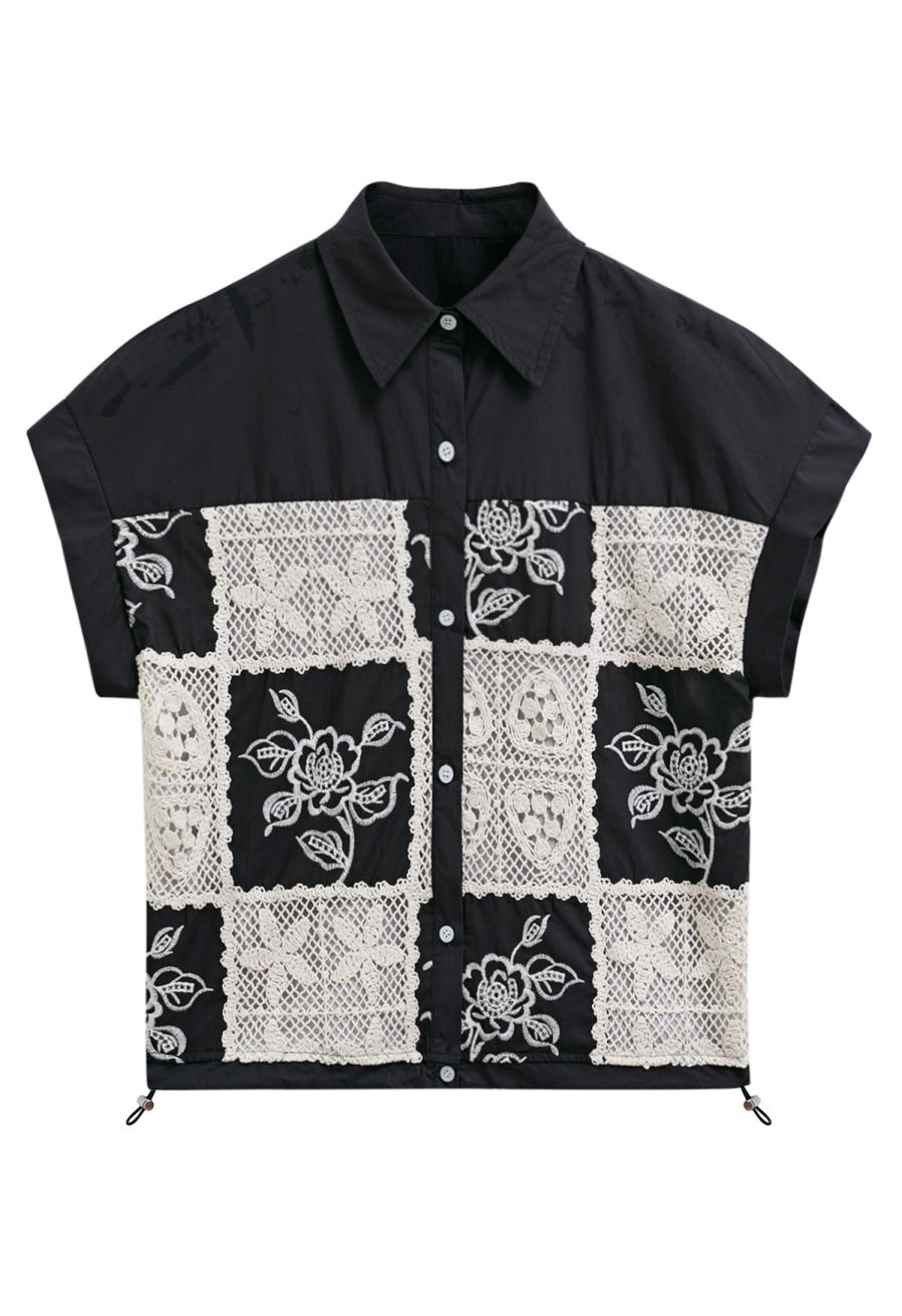Crochet Patchwork Spliced Rose Embroidery Shirt in Black