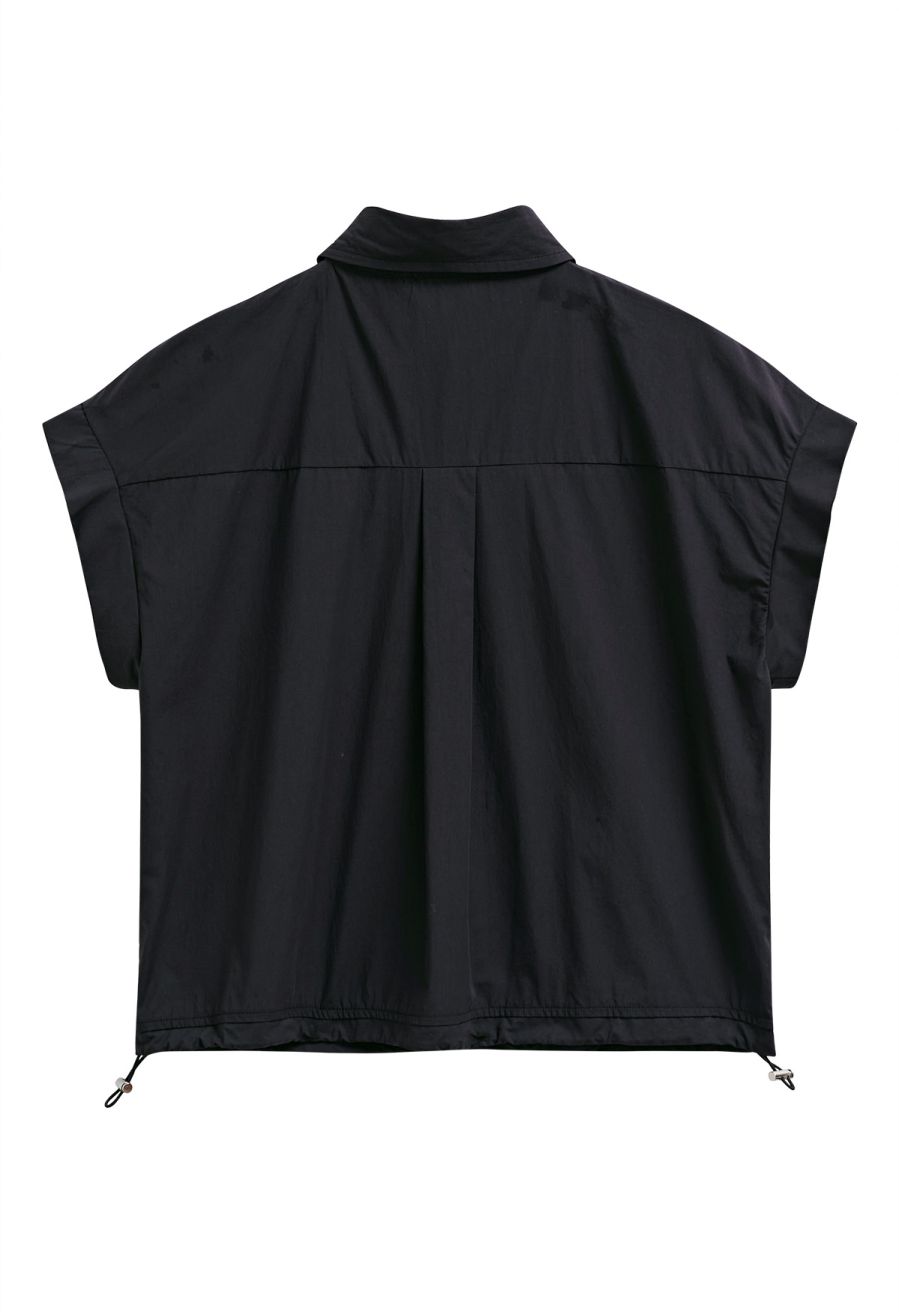 Crochet Patchwork Spliced Rose Embroidery Shirt in Black