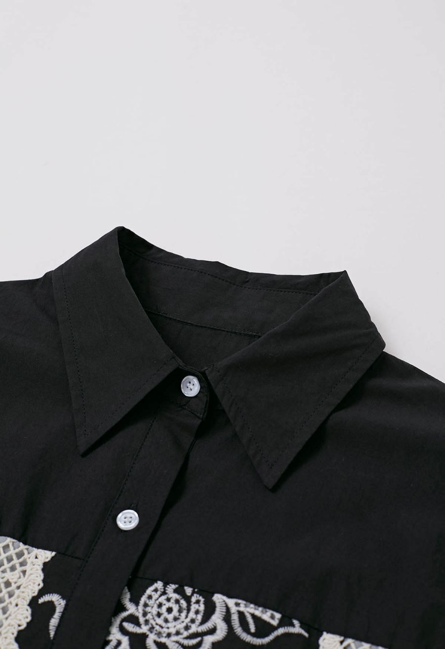 Crochet Patchwork Spliced Rose Embroidery Shirt in Black